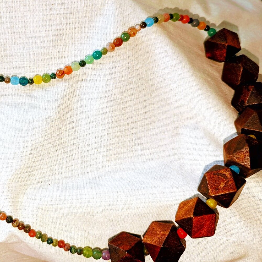 New wood and colorful seed beads ex-long necklace